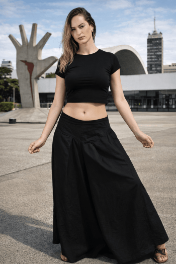 Calça ampla com pala Cor Liso em Linho ALEXIA