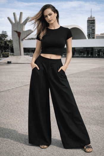 Calça ampla com pala Cor Liso em Linho ALEXIA