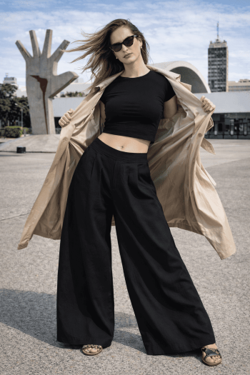 Calça ampla com pala Cor Liso em Linho ALEXIA