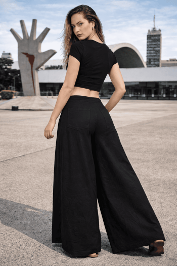 Calça ampla com pala Cor Liso em Linho ALEXIA