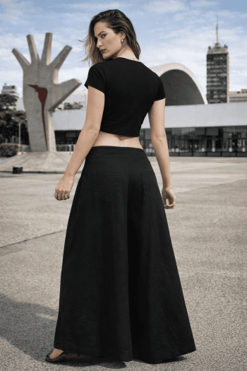 Calça ampla com pala Cor Liso em Linho ALEXIA