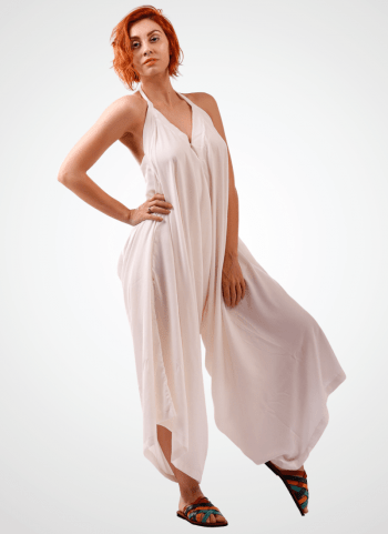 Macacão 8 formas de usar Cor Liso em Viscose Off-White CAUSANTE