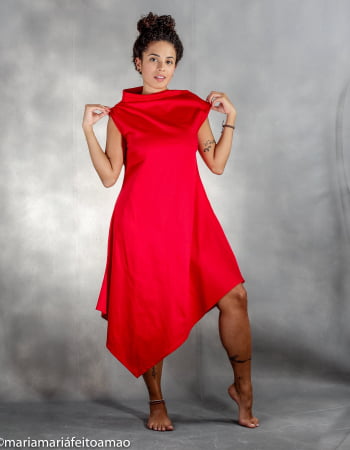 Vestido Assimétrico Cor Liso em Algodão