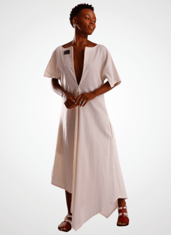 Vestido com decote em zíper invisível Cor Liso em Linho FABIANA