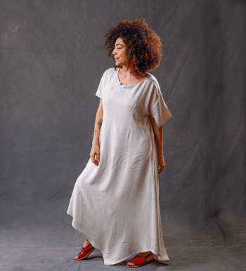 Vestido com decote em zíper invisível Cor Liso em Linho FABIANA