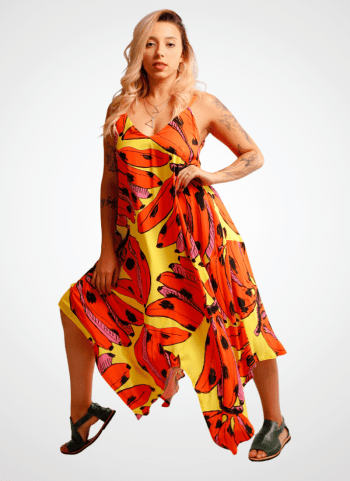 Vestido de Pontas em Viscose - Estampa Gérbera